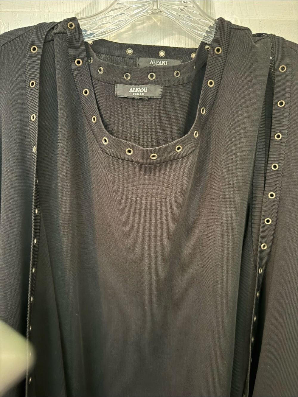Alfani Black Ribbed Knit 2-Piece Twinset Top & Open Cardigan Gold Grommets [1X] - Picture 6 of 10